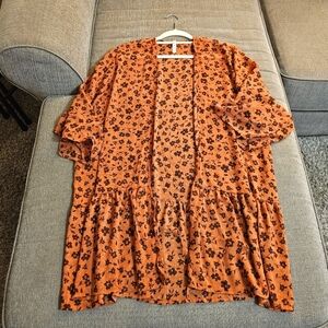 MTS Brown Orange Floral Sheer Casual Boho Open Kimono Cardigan Size Medium